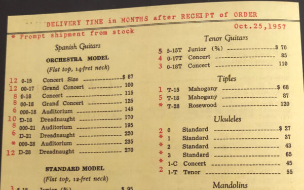 Catálogo de precios de Martin Guitar de 1957.